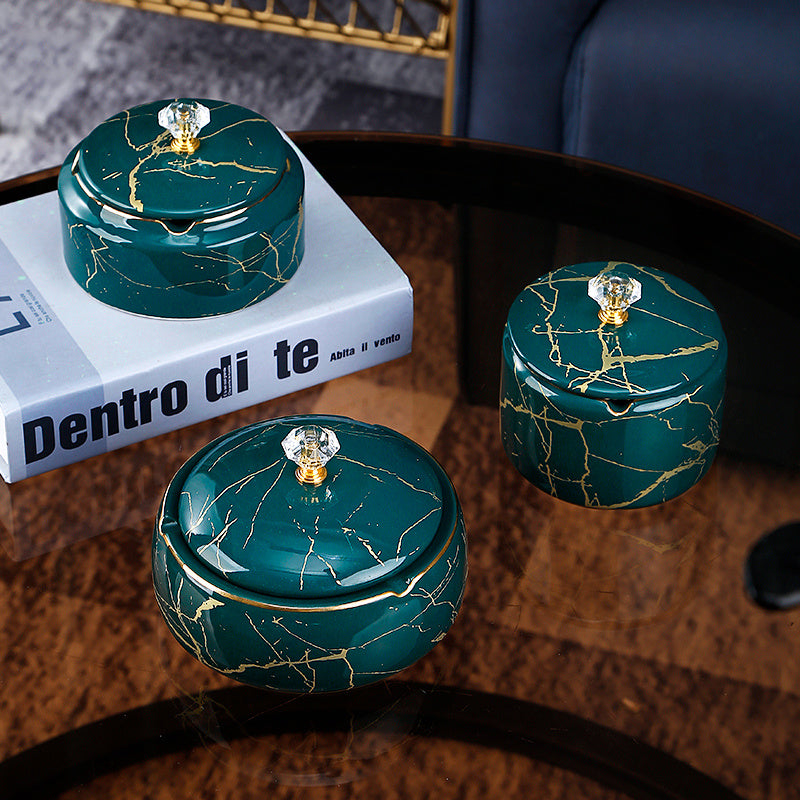 Modern ceramic ashtray with stone pattern and lid