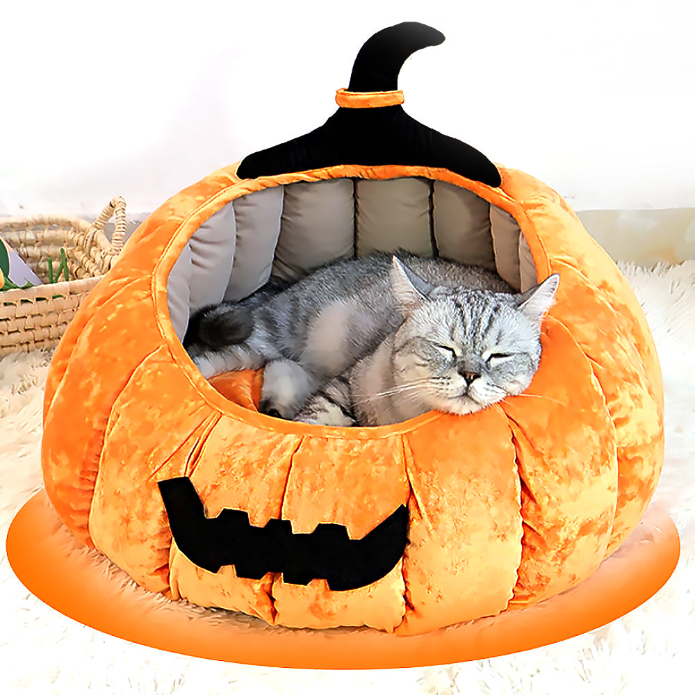 Halloween Pumpkin Pet Bed Warm Cozy Cat Nest-1