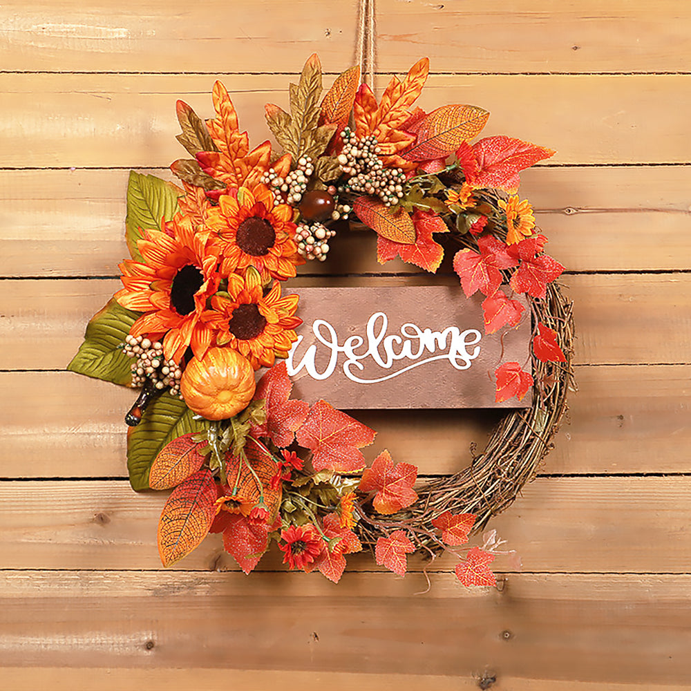 Maple Leaf Thanksgiving Vine Wreath with Sunflowers and Wooden Board-1