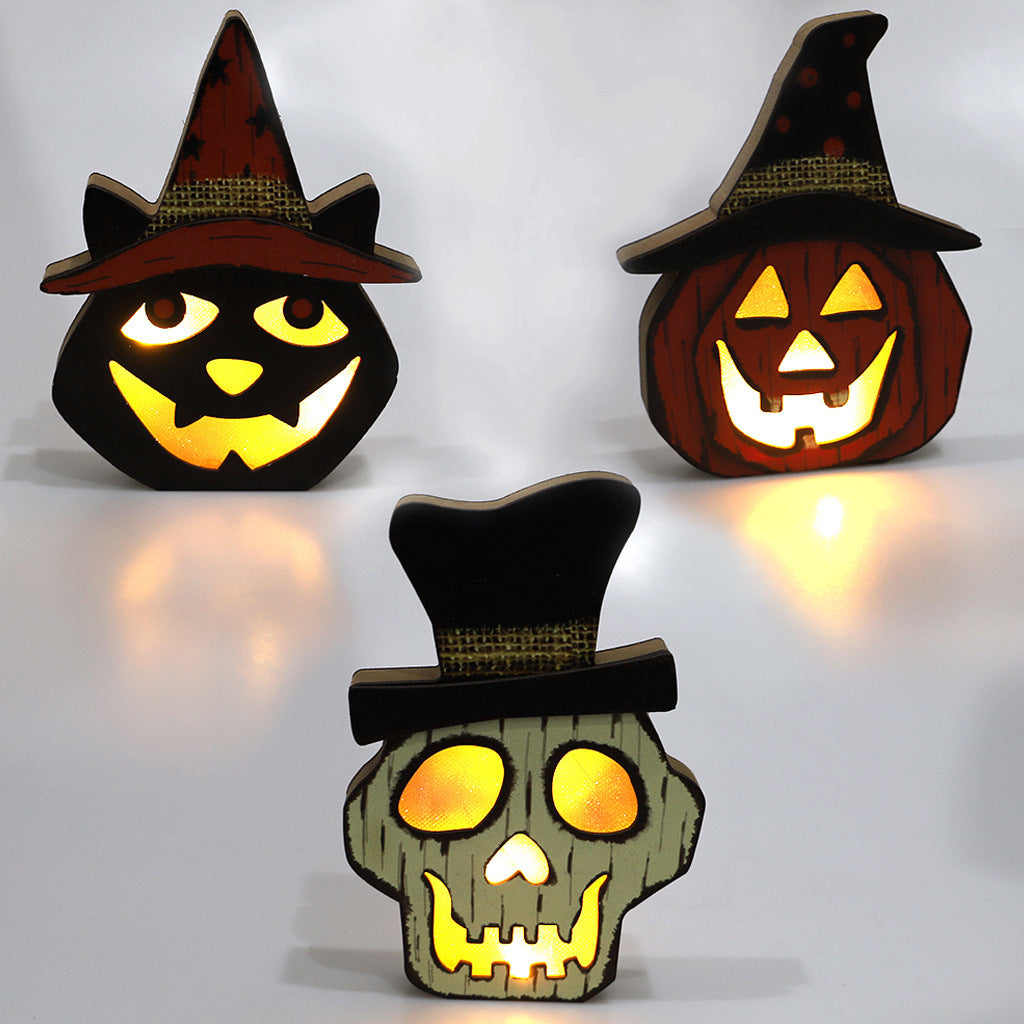 Halloween Wooden Pumpkin Skull and Black Cat Lamp Decorations-3