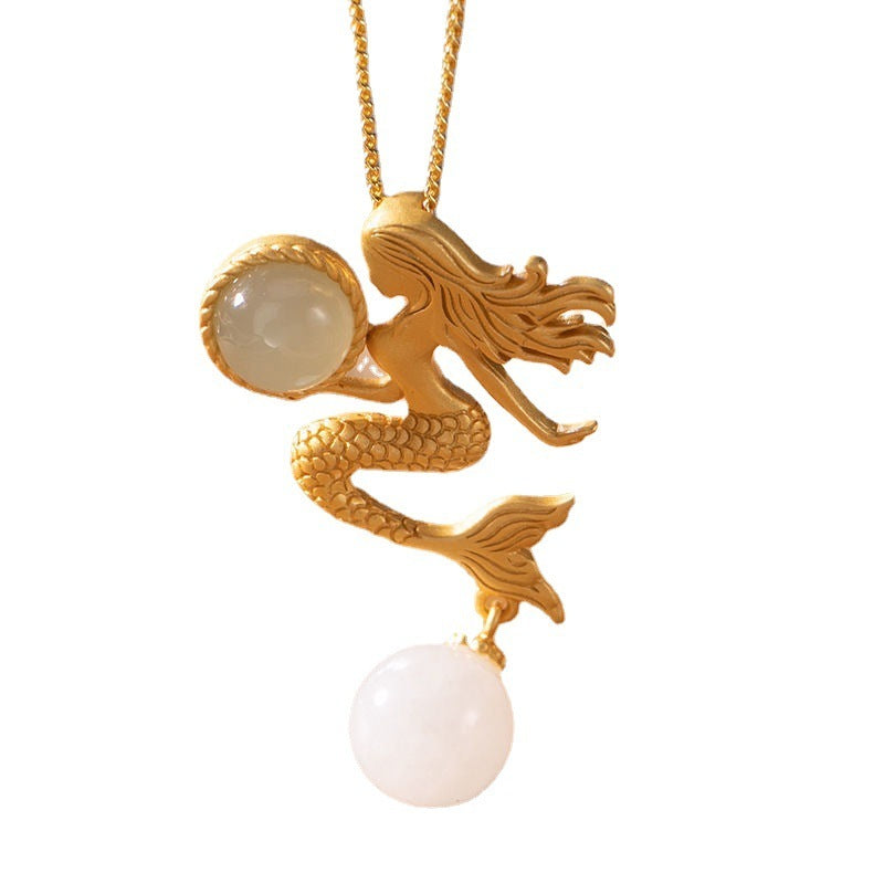 Sterling Silber Hetian Jade Vintage Court Meerjungfrau Lady Anhänger