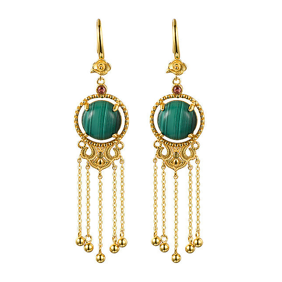 Ancient Style Long Tassel Hetian Jade Malachite Auspicious Cloud Earrings-7