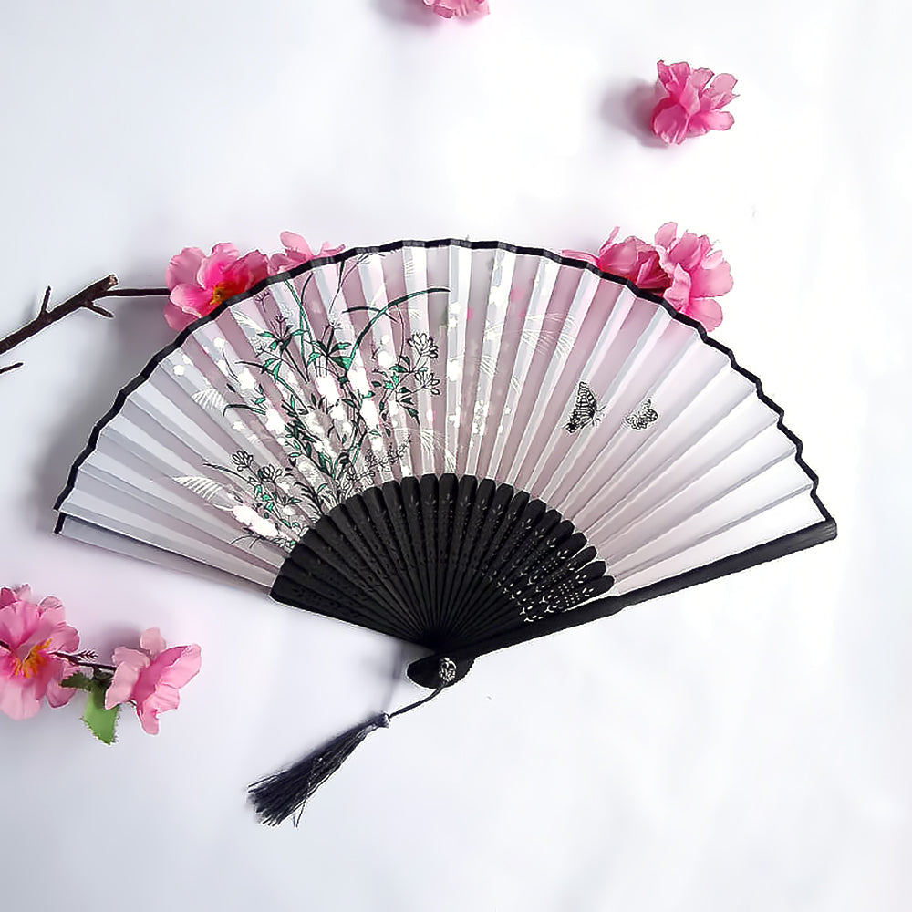 Floral Patterns with Tassel Portable Bamboo Silk Folding Fan-9