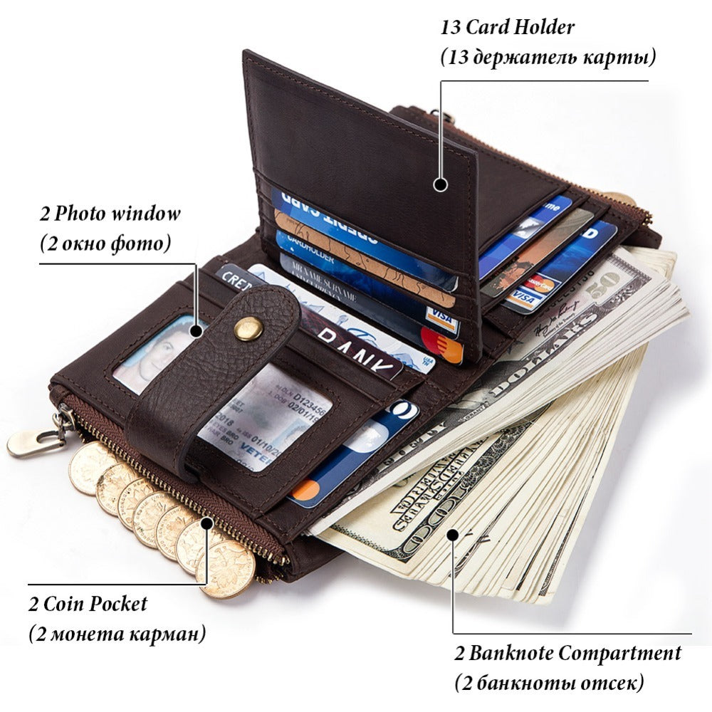 RFID blocking leather wallet with zipper and card slots