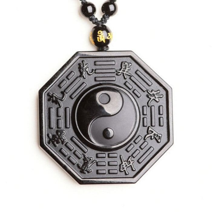 Obsidian Pendant Yin Yang Fish Five Elements Amulet Unisex Necklace