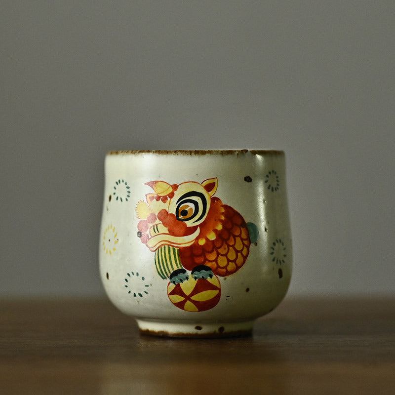 Vintage raues Keramikhandbemalte Löwe Happy Lion Master Cup Teetasse Teetasse