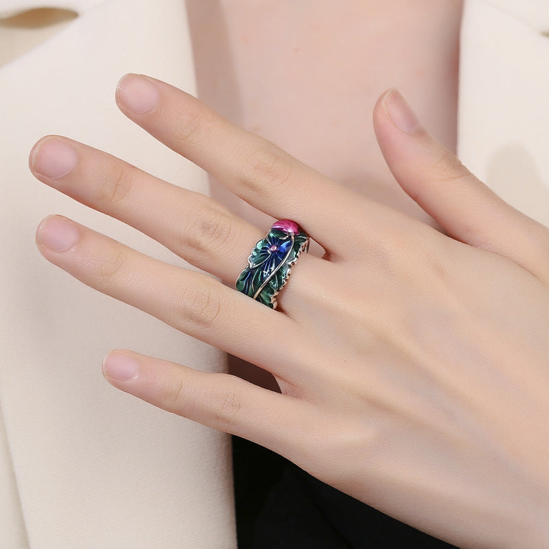 Vintage Thai Silver Chinese Style Cloisonne Sechs Wörter Mantra Lotus Ring