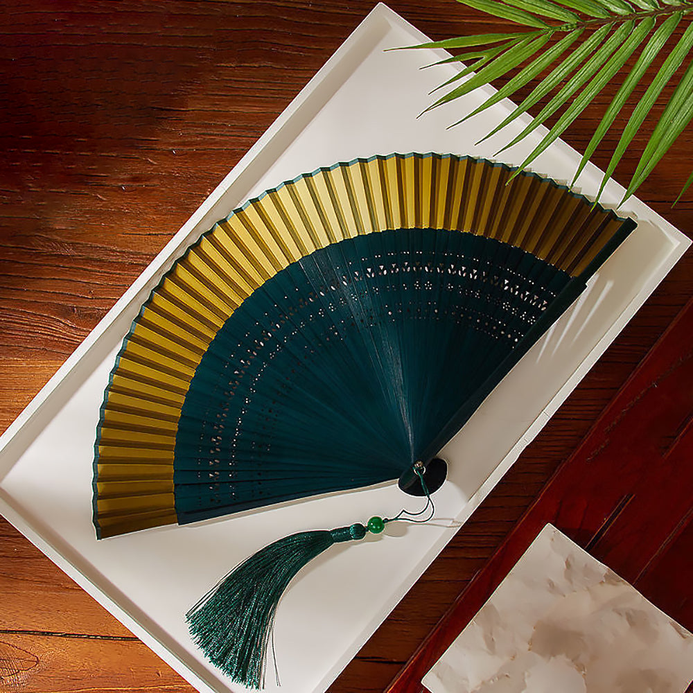 Ancient Style Dark Green Cherry Blossom Summer Portable Folding Fan-9