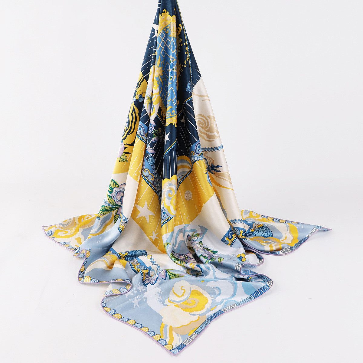 Satin silk square scarf with printed decorative edges