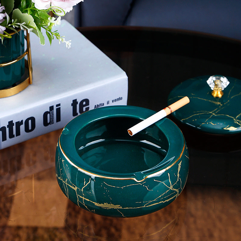 Modern ceramic ashtray with stone pattern and lid