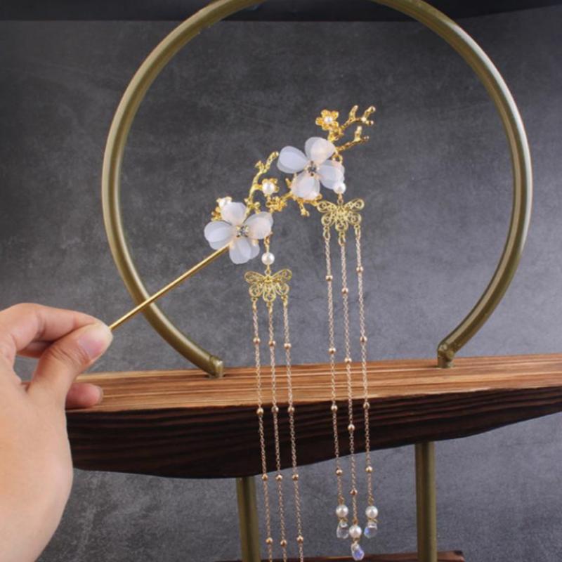 Alte Style Hair Accessoires Hanfu Pflaumenblütenzweig Quaste Haartapin weißer Blütenbohrer