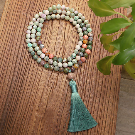 108 Beads Natural Stone Tassel Necklace Indian Agate Bracelet Mala Jewelry-1