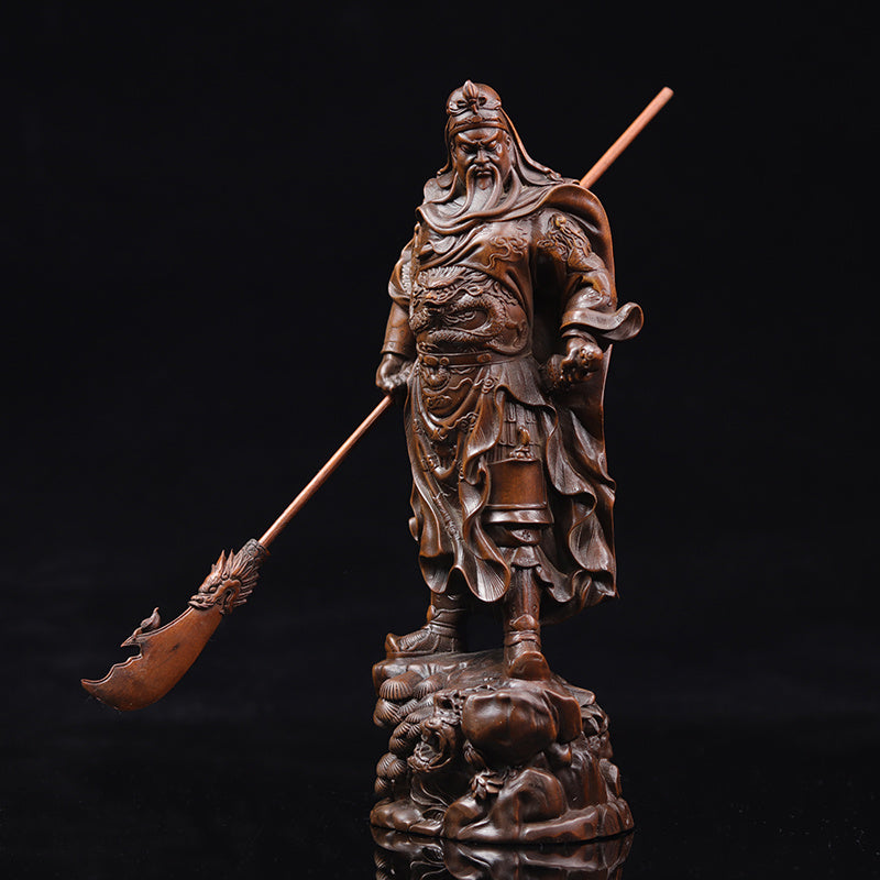 Gongwu God of Wealth Statue Boxwood schnitzt Guan Erye Antike Figur Ornamente