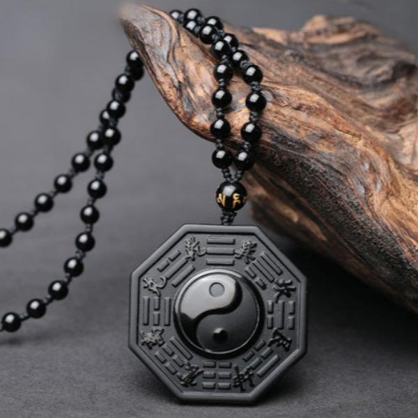 Obsidian Pendant Yin Yang Fish Five Elements Amulet Unisex Necklace