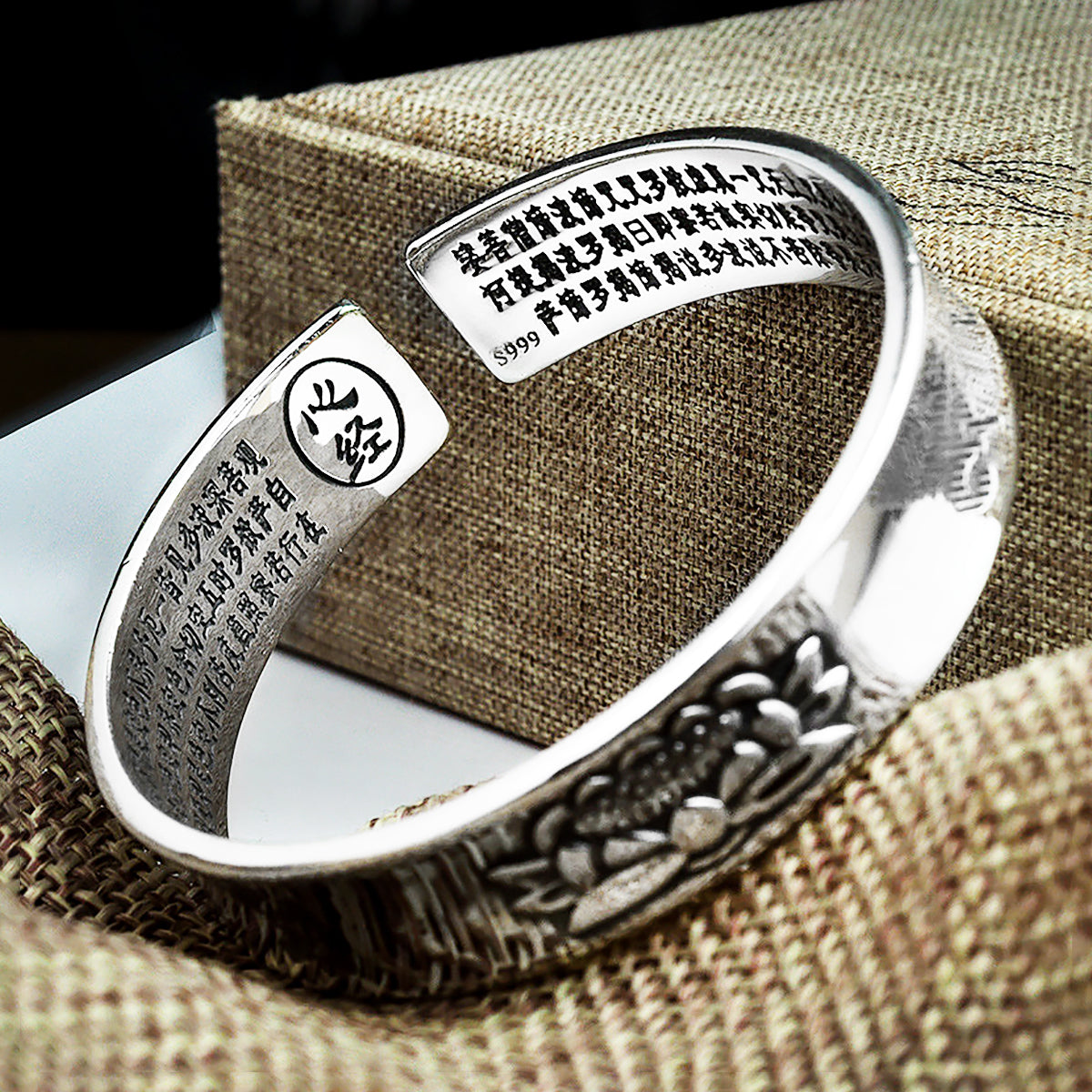 Lotus S999 Silver Bangle Mantra Open Cuff Bracelet-2