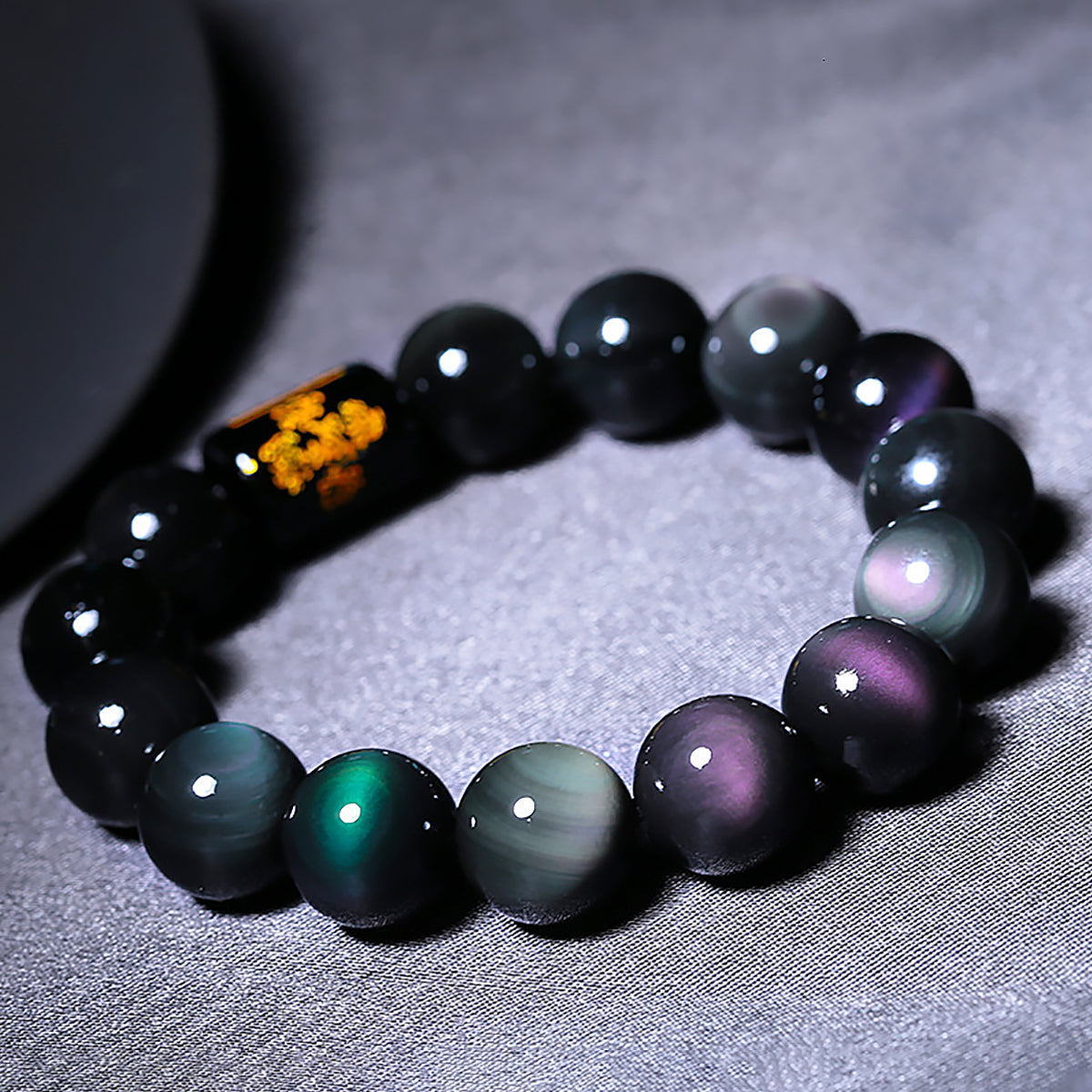 Rainbow Eye Obsidian Bracelet Natural Black Crystal Bead Bracelet-7
