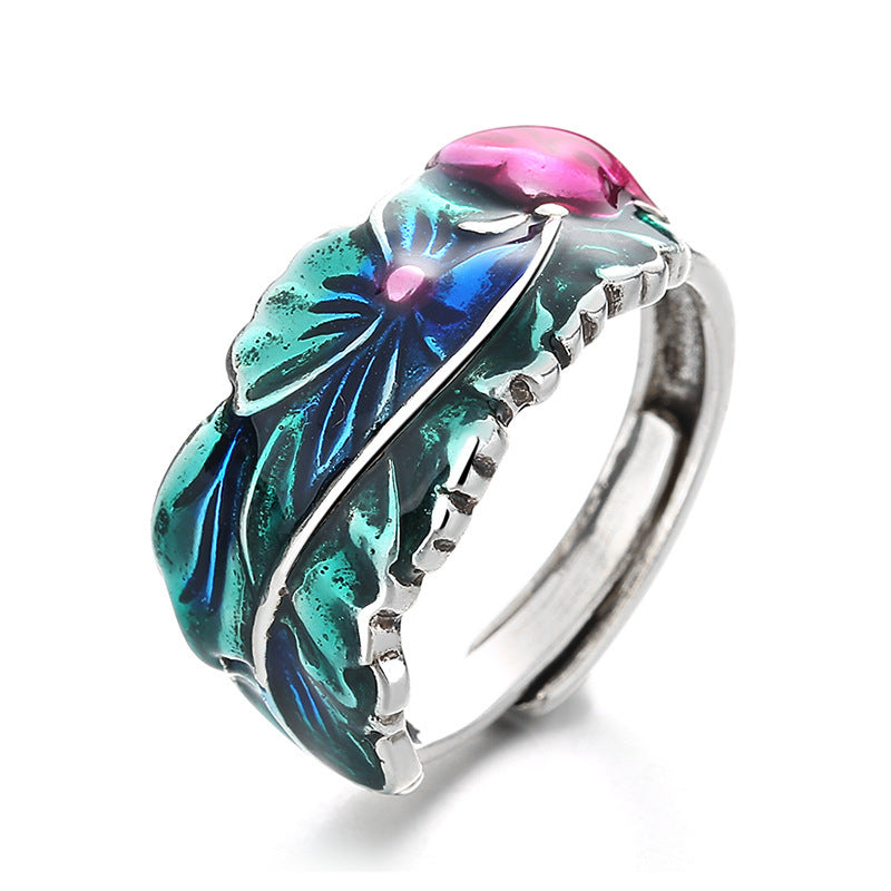 Vintage Thai Silver Chinese Style Cloisonne Sechs Wörter Mantra Lotus Ring