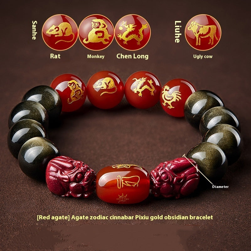 Five Gods of Wealth Lucky Beads Bracelet Zodiac Gold Obsidian Handheld Rosary