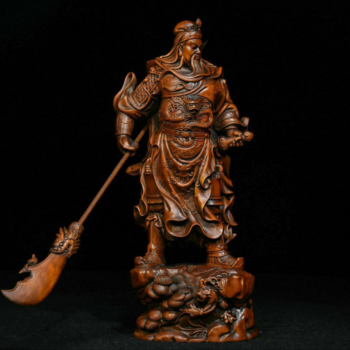 Gongwu God of Wealth Statue Boxwood schnitzt Guan Erye Antike Figur Ornamente