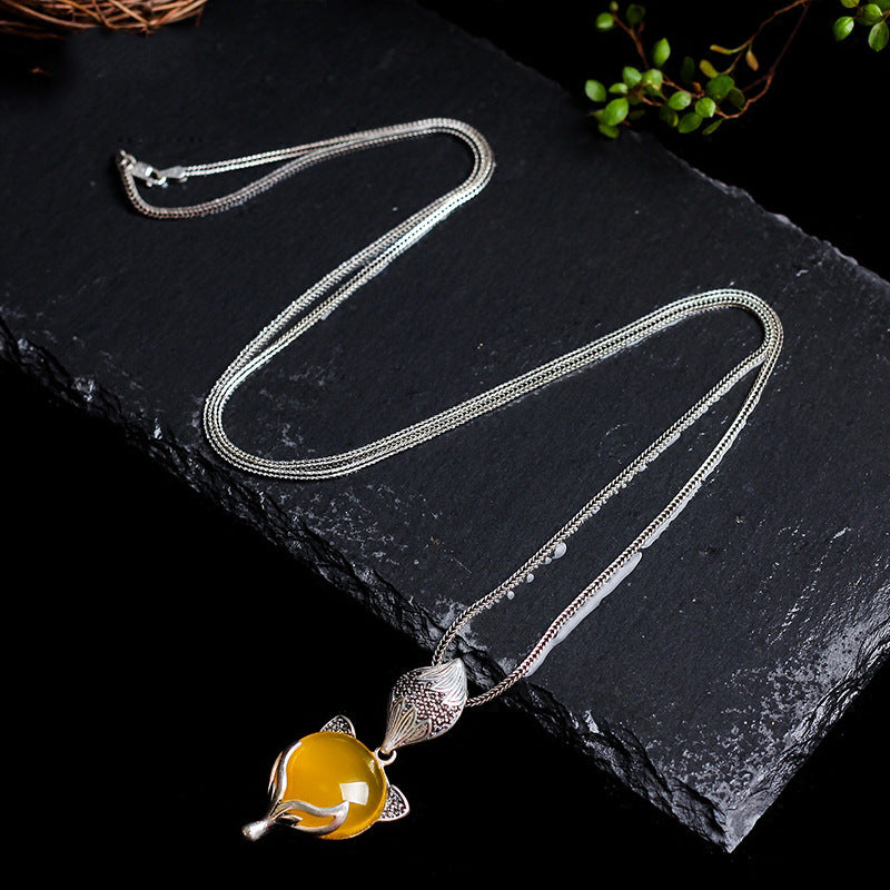 Sterling Silber Jade Vintage Long Ethnic Style Achat Anhänger Halskette