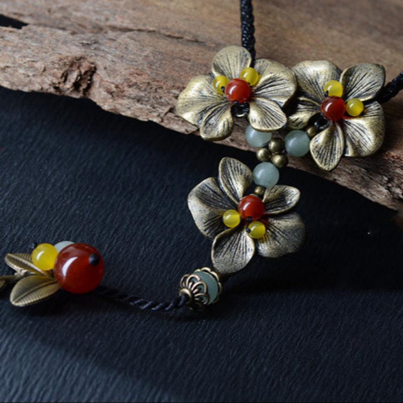 Langes Bronze -Achat -Halskette im ethnischen Stil