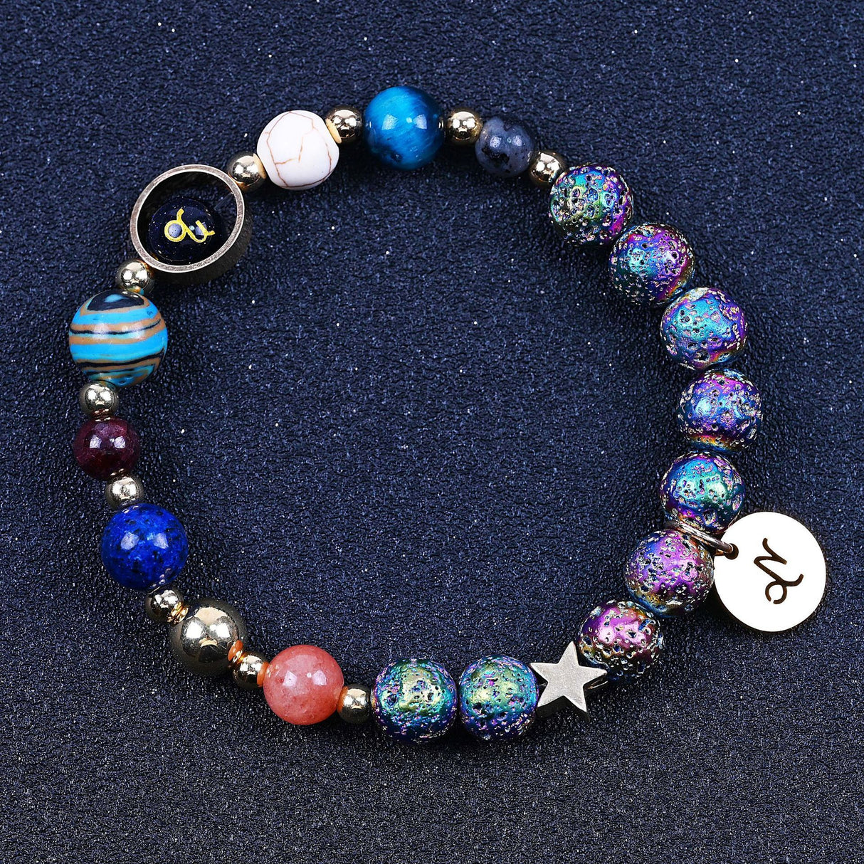 Couple Zodiac Bracelet Blue Sandstone & Lava Rock Beads-2