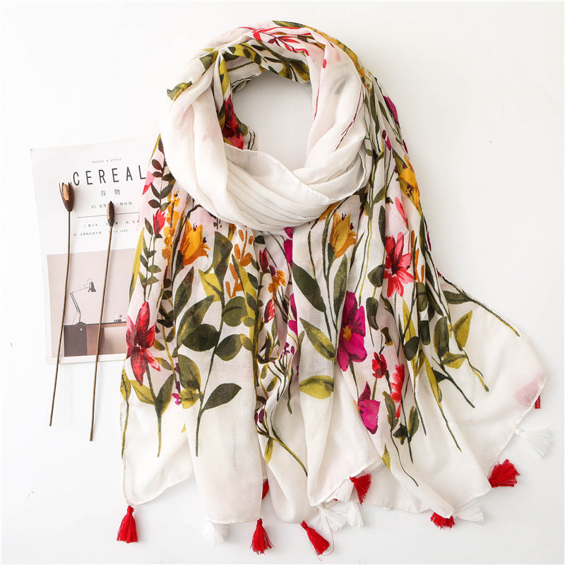 Ethnic Vintage Floral Cotton and Linen Fringe Scarf