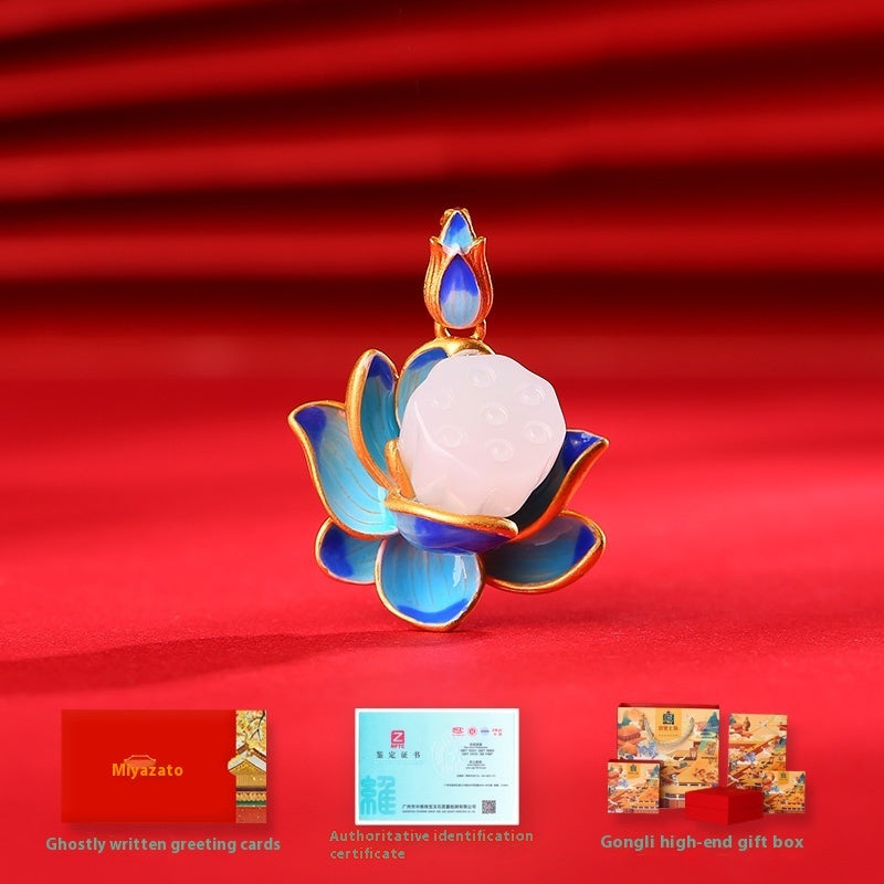 Hotian Jade Anhänger Silberstil für Frauen Emaille Lotus Halskette