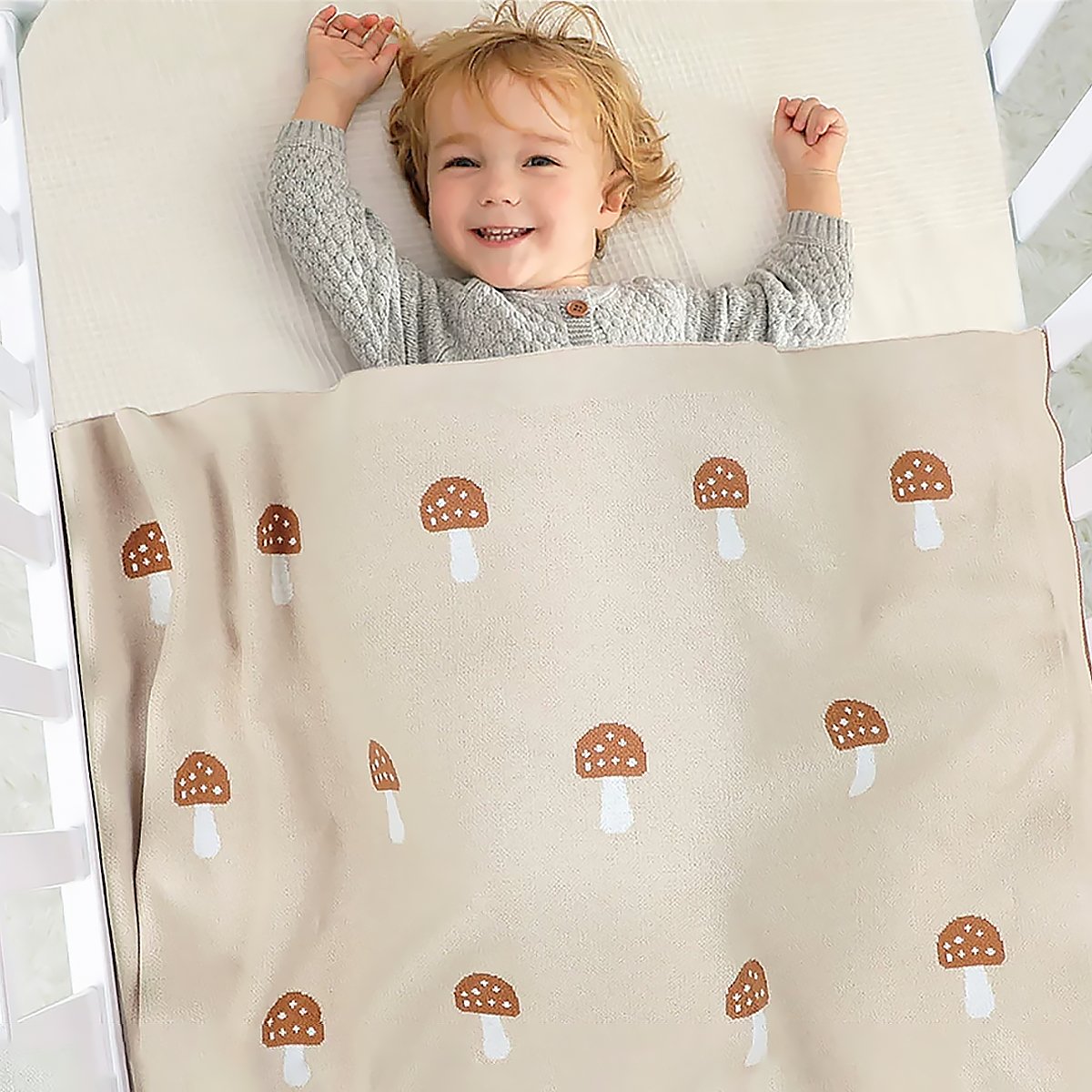 Cotton Mushroom Jacquard Baby Blanket Soft Nursery Blanket-1