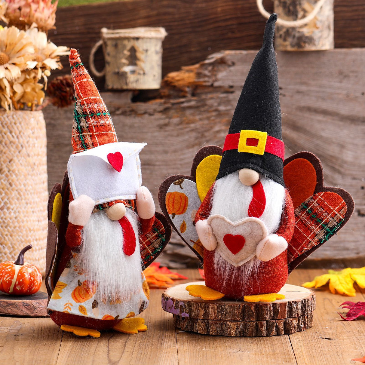 Cute Faceless Turkey Couple Decoration for Thanksgiving Home Display-1