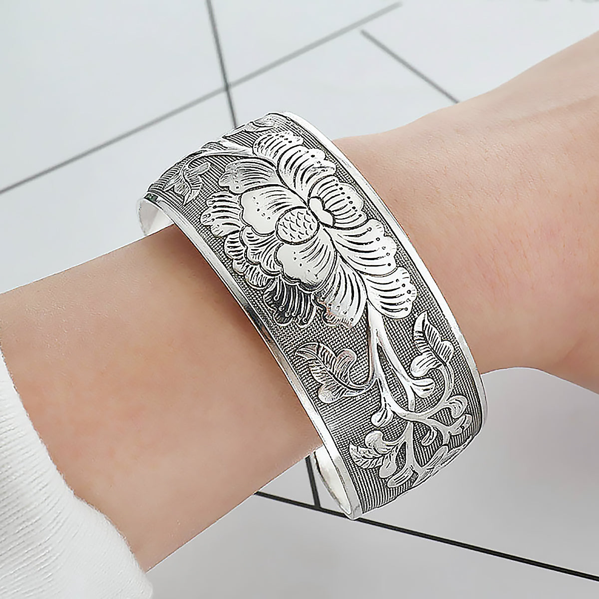 Peony Flower Silver Cuff Bracelet Floral Bracelet for Women Gift-4