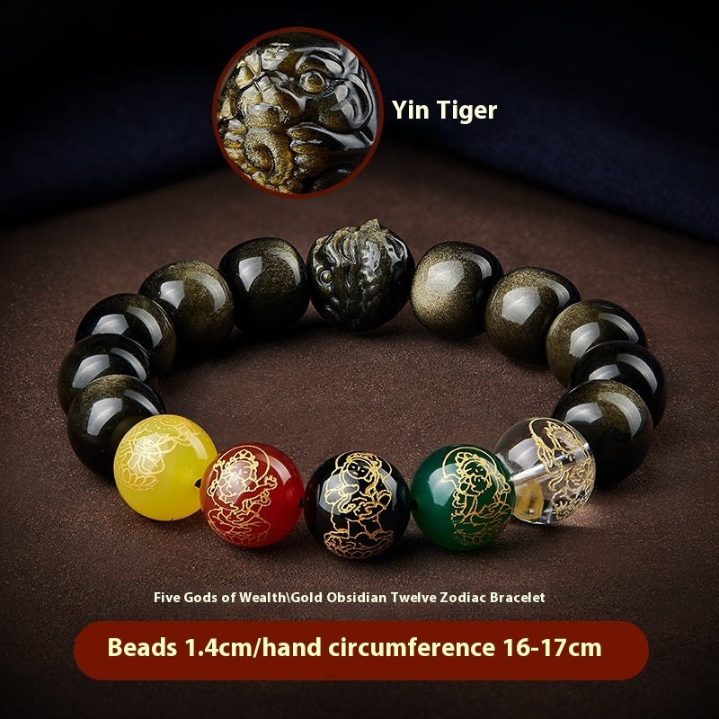Five Gods of Wealth Lucky Beads Bracelet Zodiac Gold Obsidian Handheld Rosary