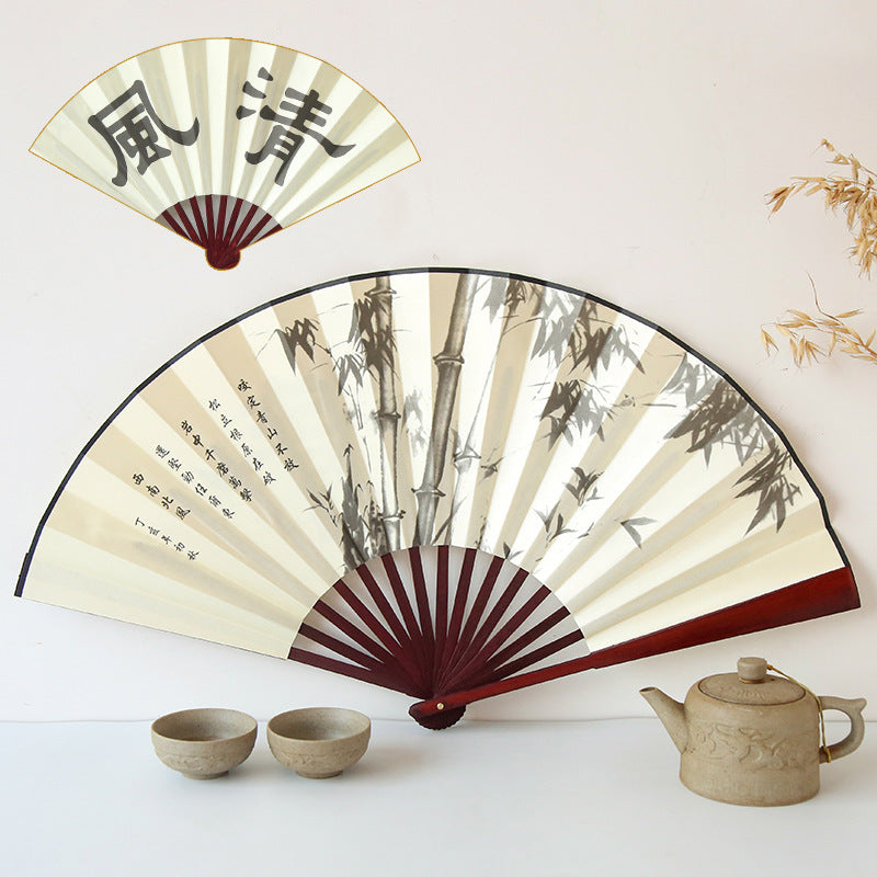 Chinese Silk Folding Fan Bamboo Frame Classical Print Gift for Him-2