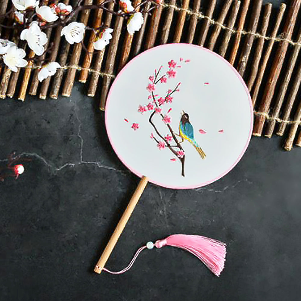 Plum Blossom Magpie Spring Color Embroidery Round Fan Photo Prop-1