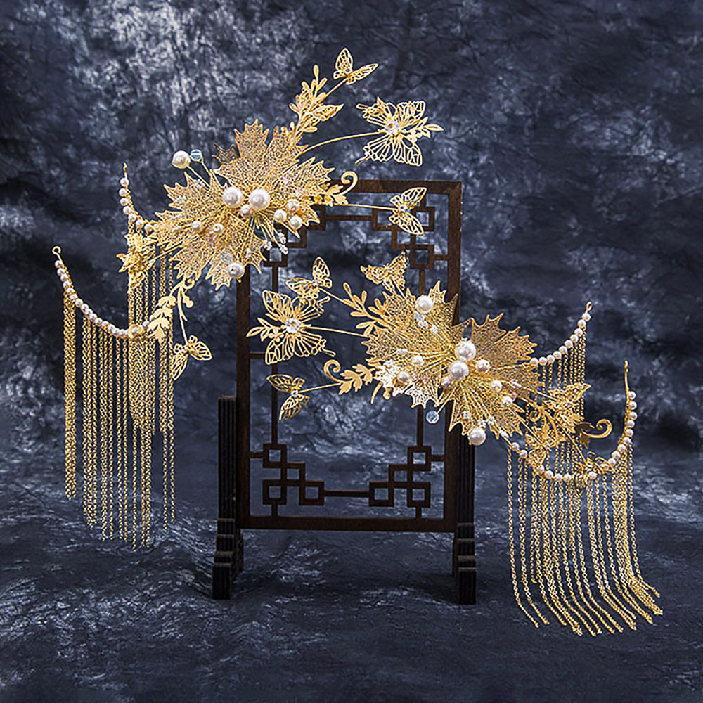 Maple Leaf Tassel Earrings and Hair Accessories Bridal Jewelry for Bride-5