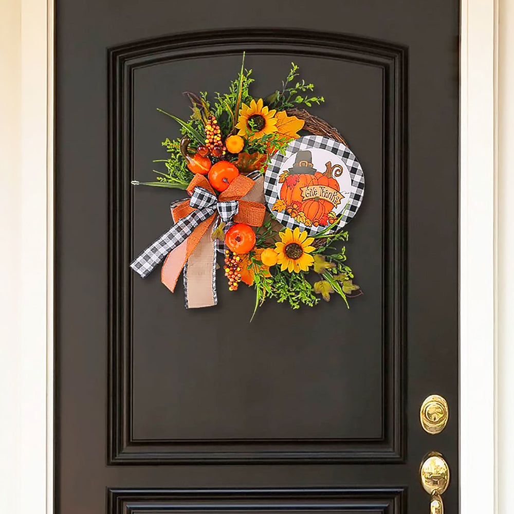 Thanksgiving Wooden Sign Decoration with Sunflower and Pumpkin Wreath-1