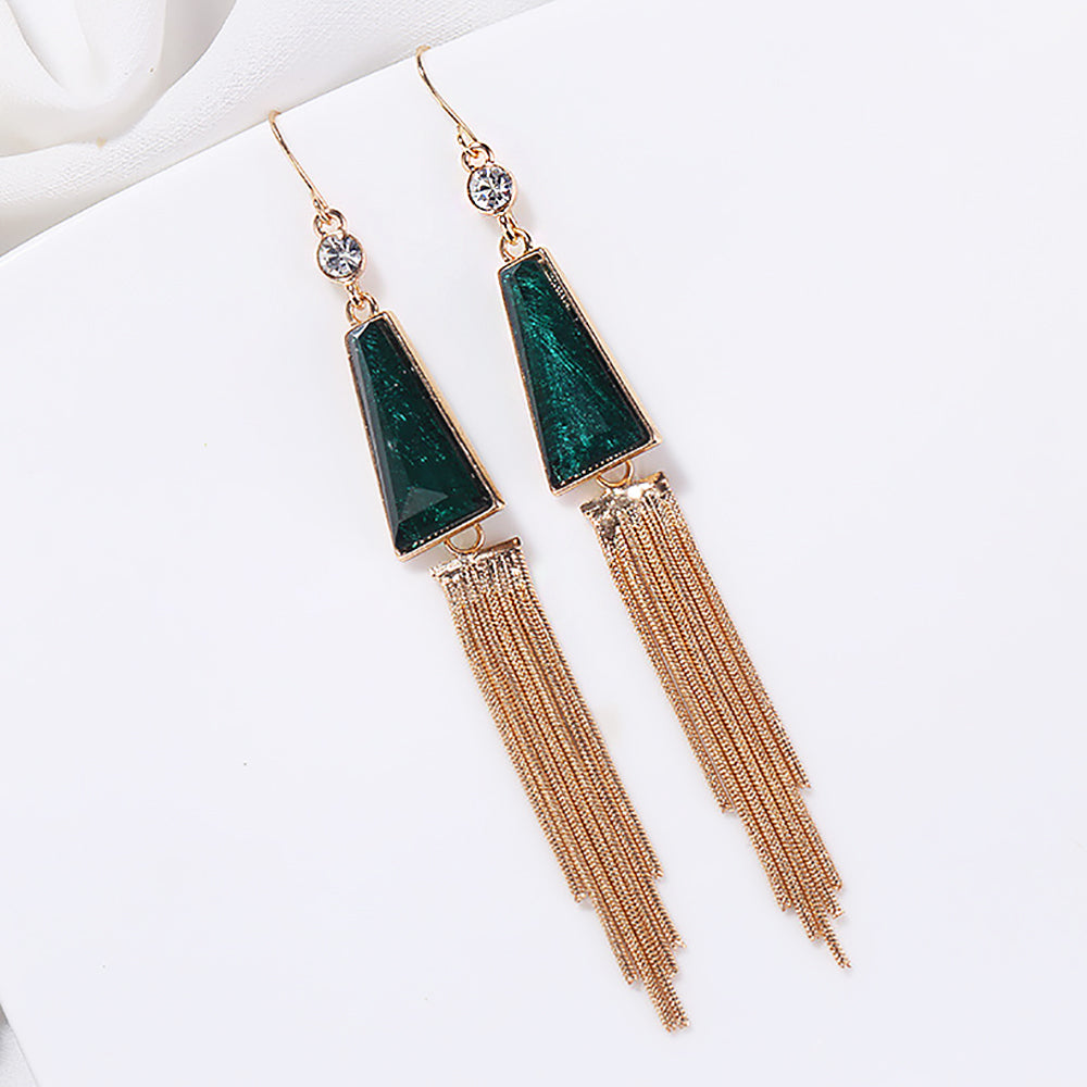 Vintage Geometric Tassel Earrings with Dark Green Gemstones-3