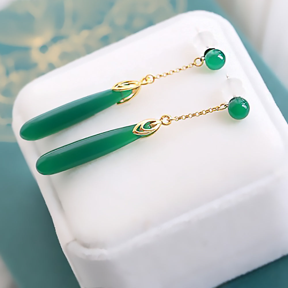 Green Chalcedony Earrings Chinese Vintage Sterling Silver Gift for Women-2