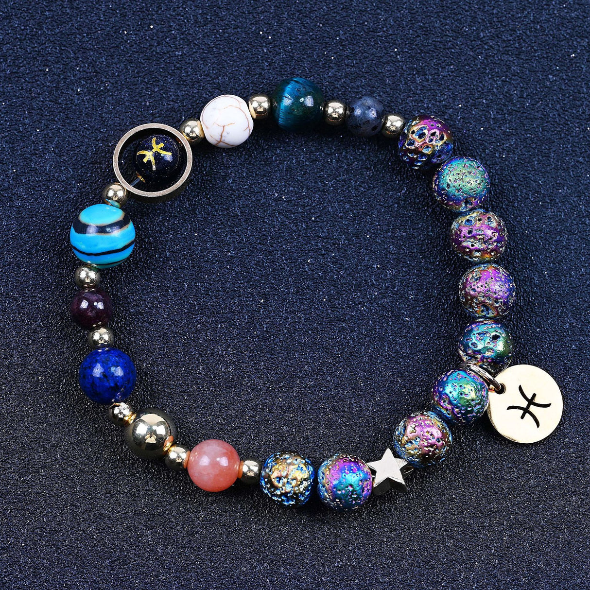 Couple Zodiac Bracelet Blue Sandstone & Lava Rock Beads-9