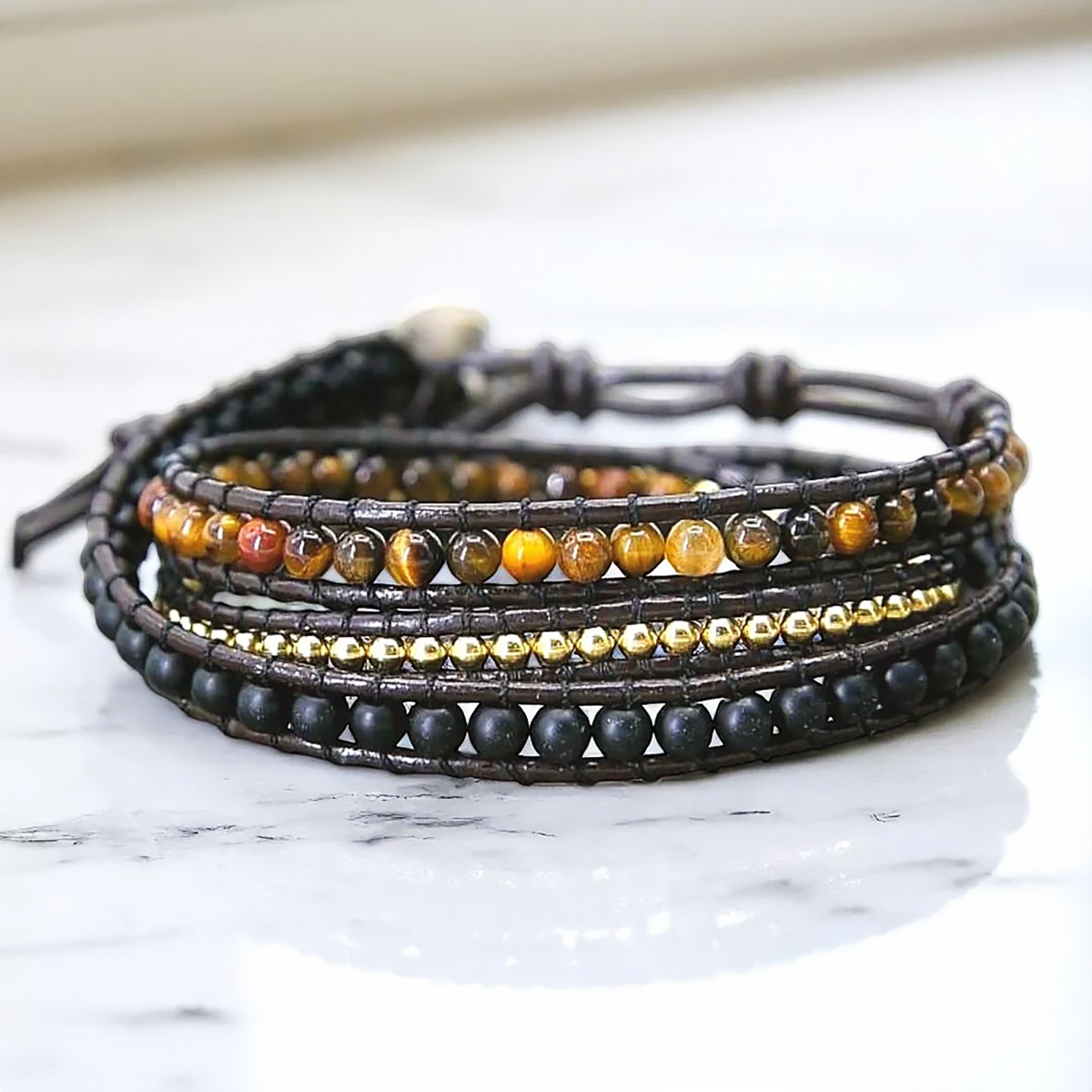 Tiger Eye Wrap Bracelet Triple Layer Boho Natural Stone Bracelet-1