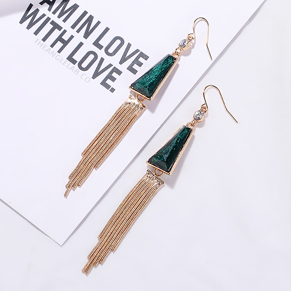 Vintage Geometric Tassel Earrings with Dark Green Gemstones-5