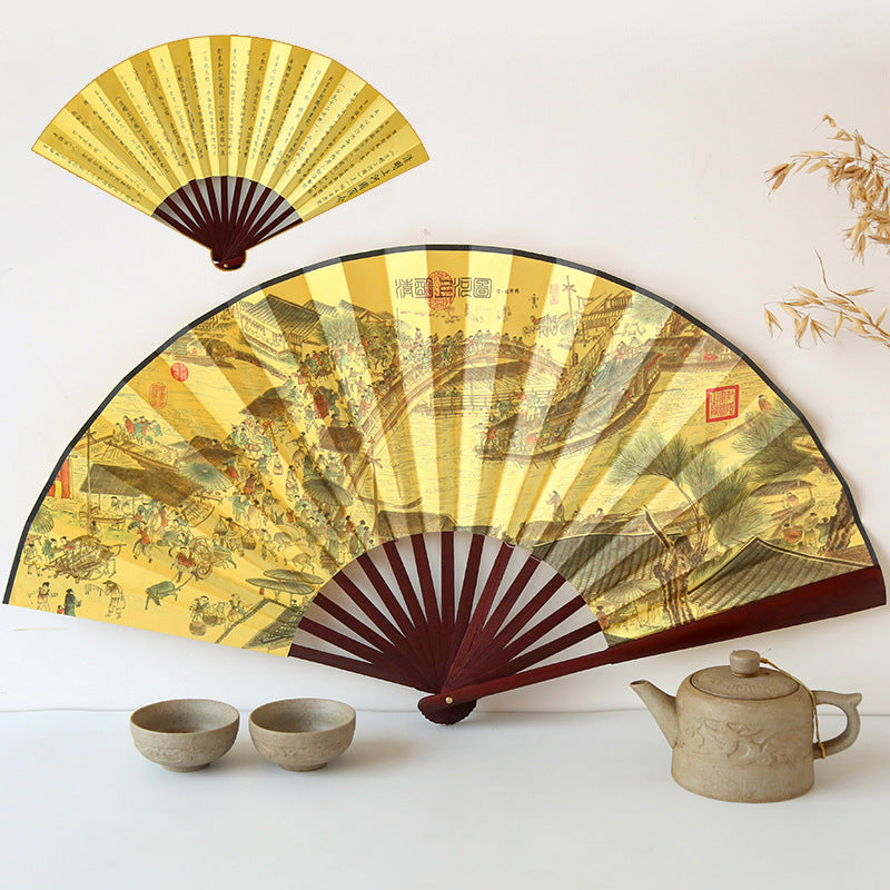 Chinese Silk Folding Fan Bamboo Frame Classical Print Gift for Him-7