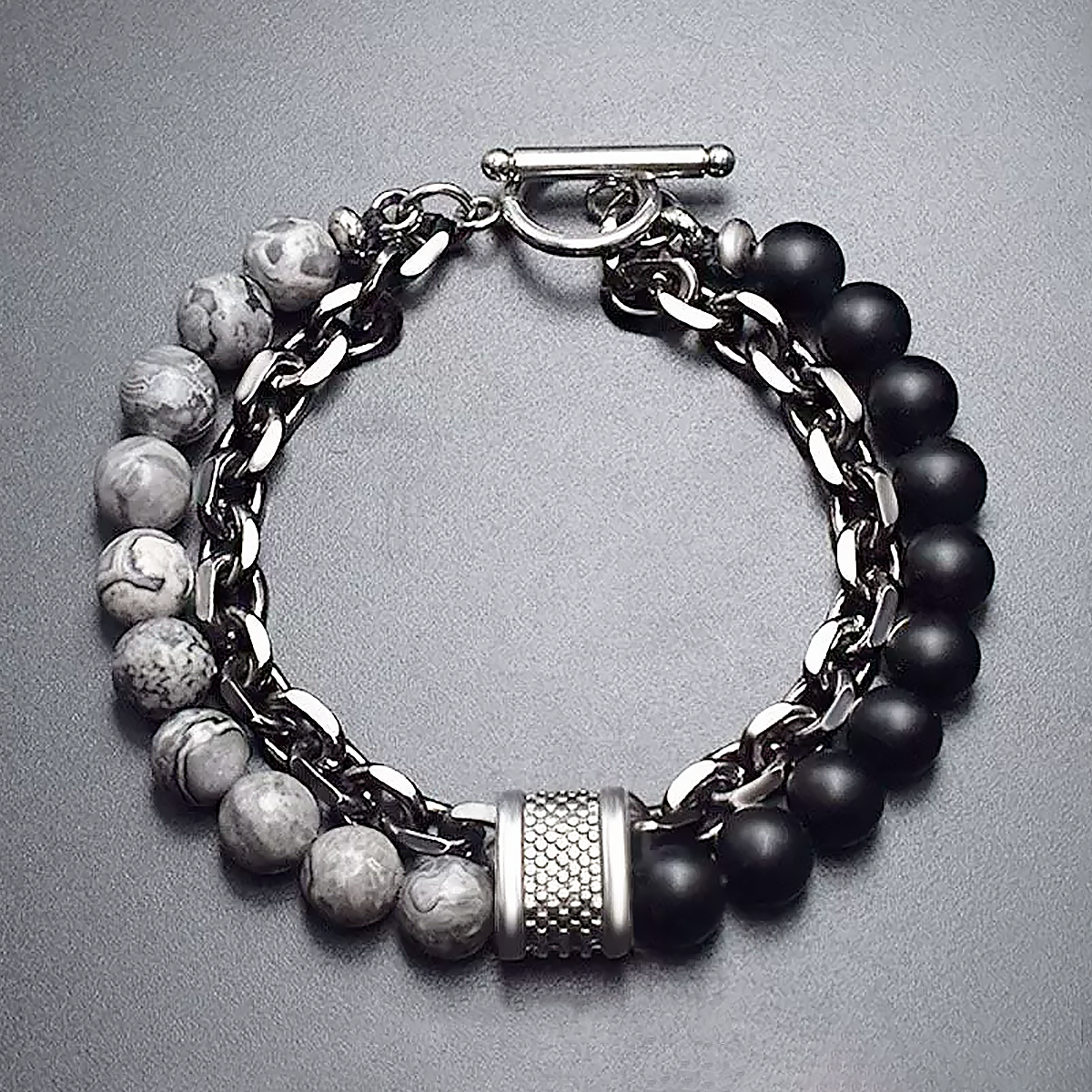 Men’s Titanium Steel Double Bracelet Natural Stone Beaded Chain-5