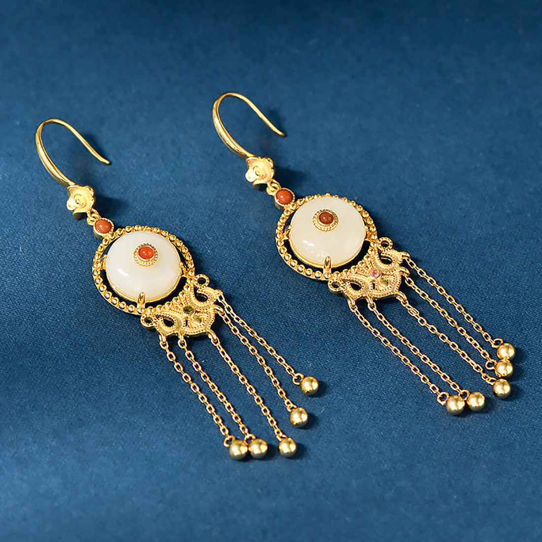 Ancient Style Long Tassel Hetian Jade Malachite Auspicious Cloud Earrings-6