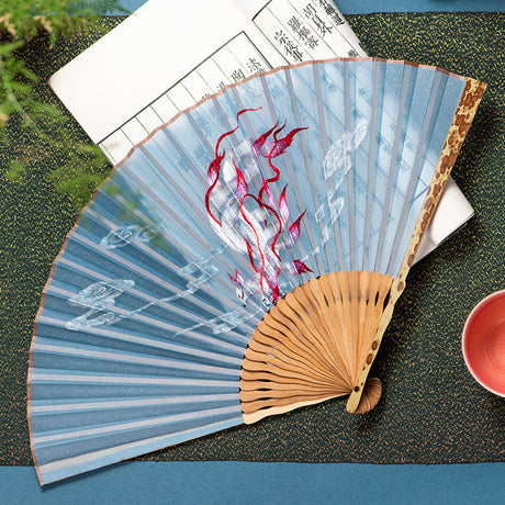 Bird and Flower Embroidered Silk Folding Fan Bamboo Frame Retro Style-3