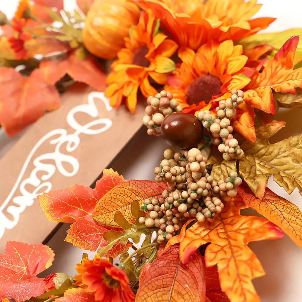 Maple Leaf Thanksgiving Vine Wreath with Sunflowers and Wooden Board-4