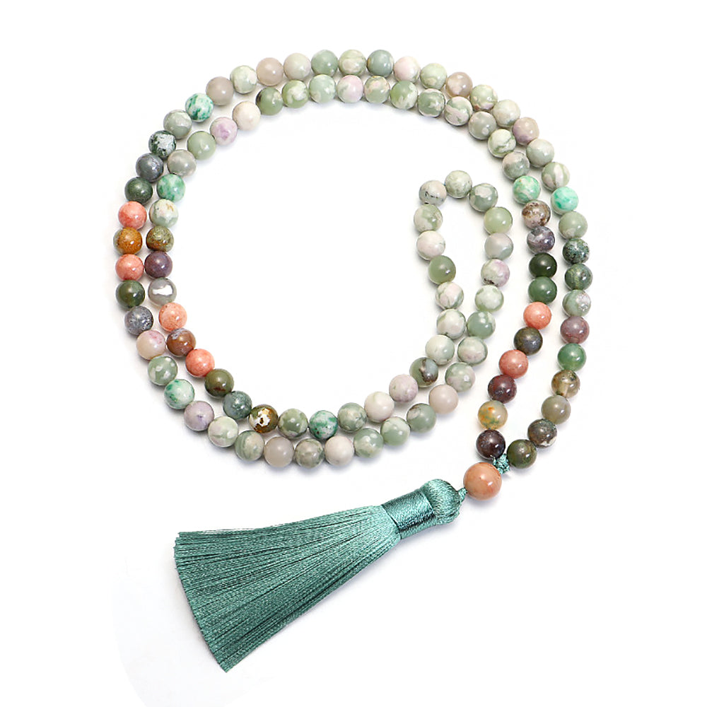 108 Beads Natural Stone Tassel Necklace Indian Agate Bracelet Mala Jewelry-5