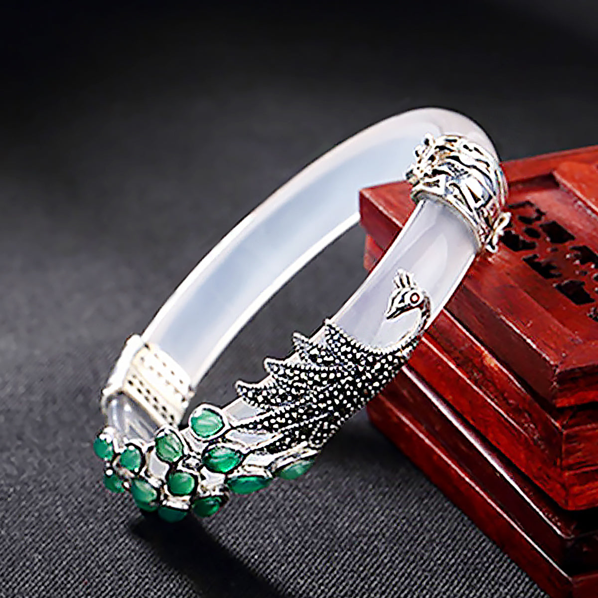 Vintage Sterling Silver Bracelet with White Chalcedony or Malachite-3