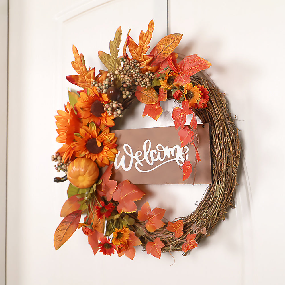 Maple Leaf Thanksgiving Vine Wreath with Sunflowers and Wooden Board-3