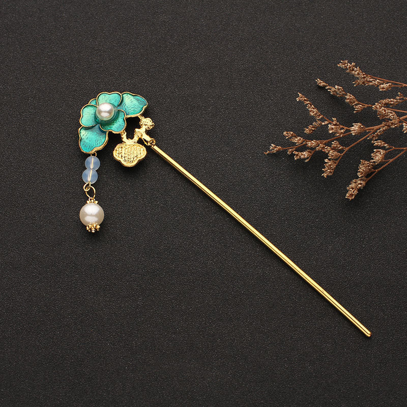 Burning blue Hanfu hairpin with flower design